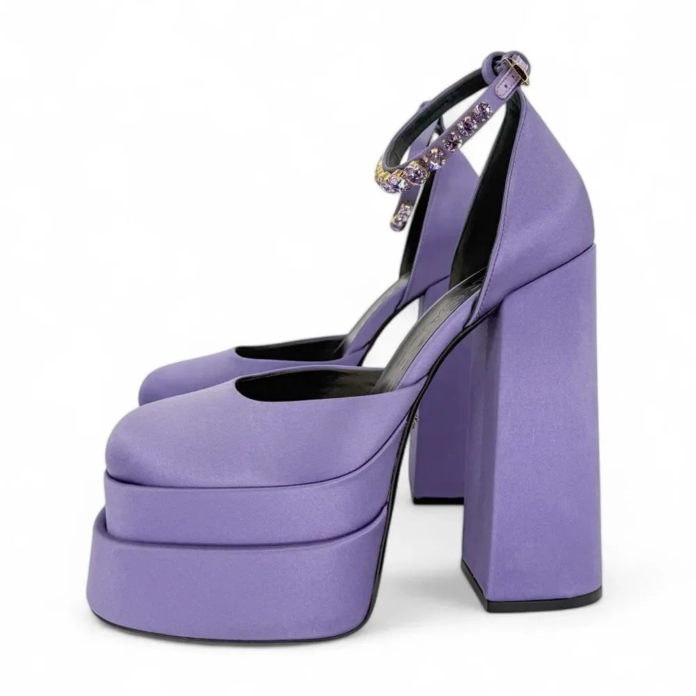 VERSACE Aevitas Purple Crystal-Embellished Platform Block Heel Pumps Siz…